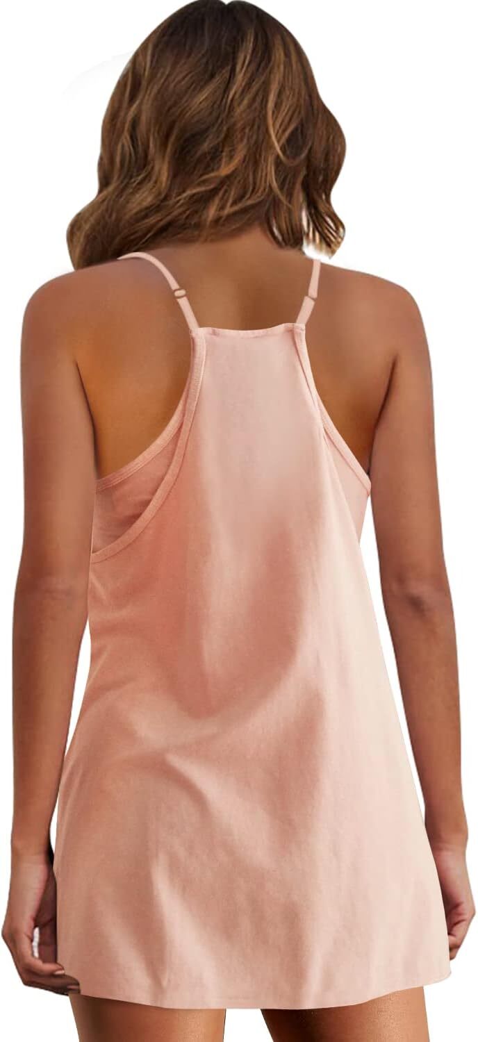Womens  Sleeveless Mini Dress V Neck Spaghetti Strap Sundress Athletic Short Dress with Pockets-Easy Peezy