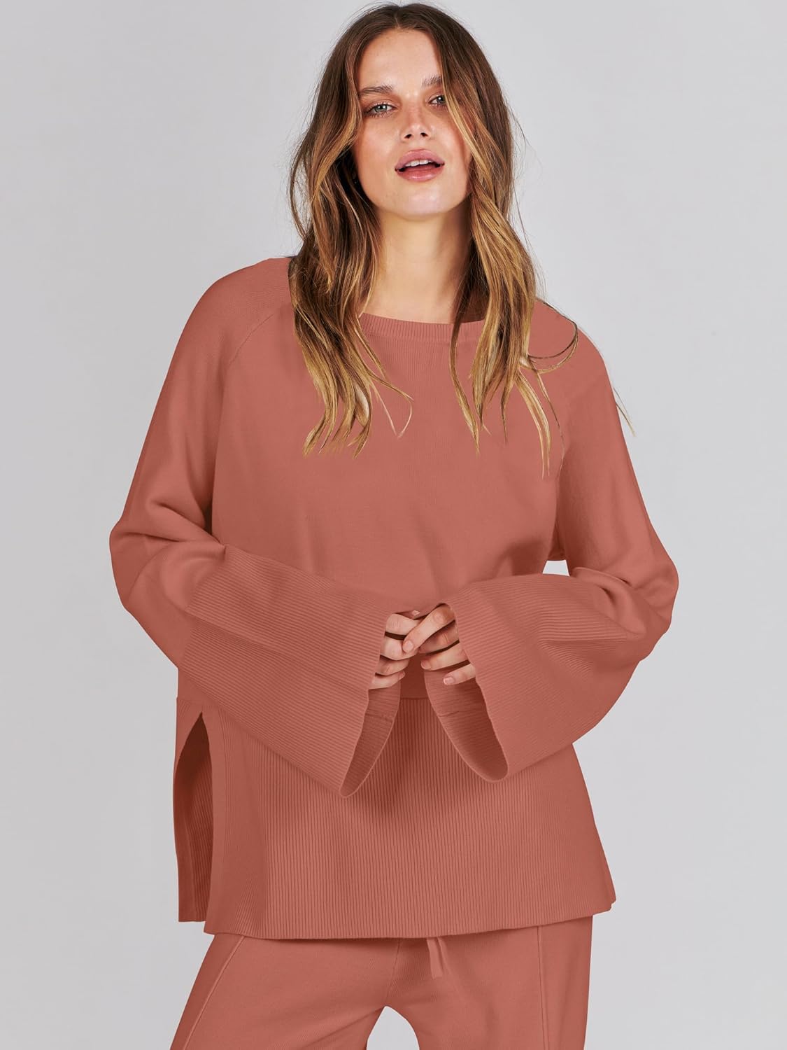 Womens Oversized Knit Sweater Set Wide Leg Pant Cozy Lounge Matching Pajama Sets Secondary image