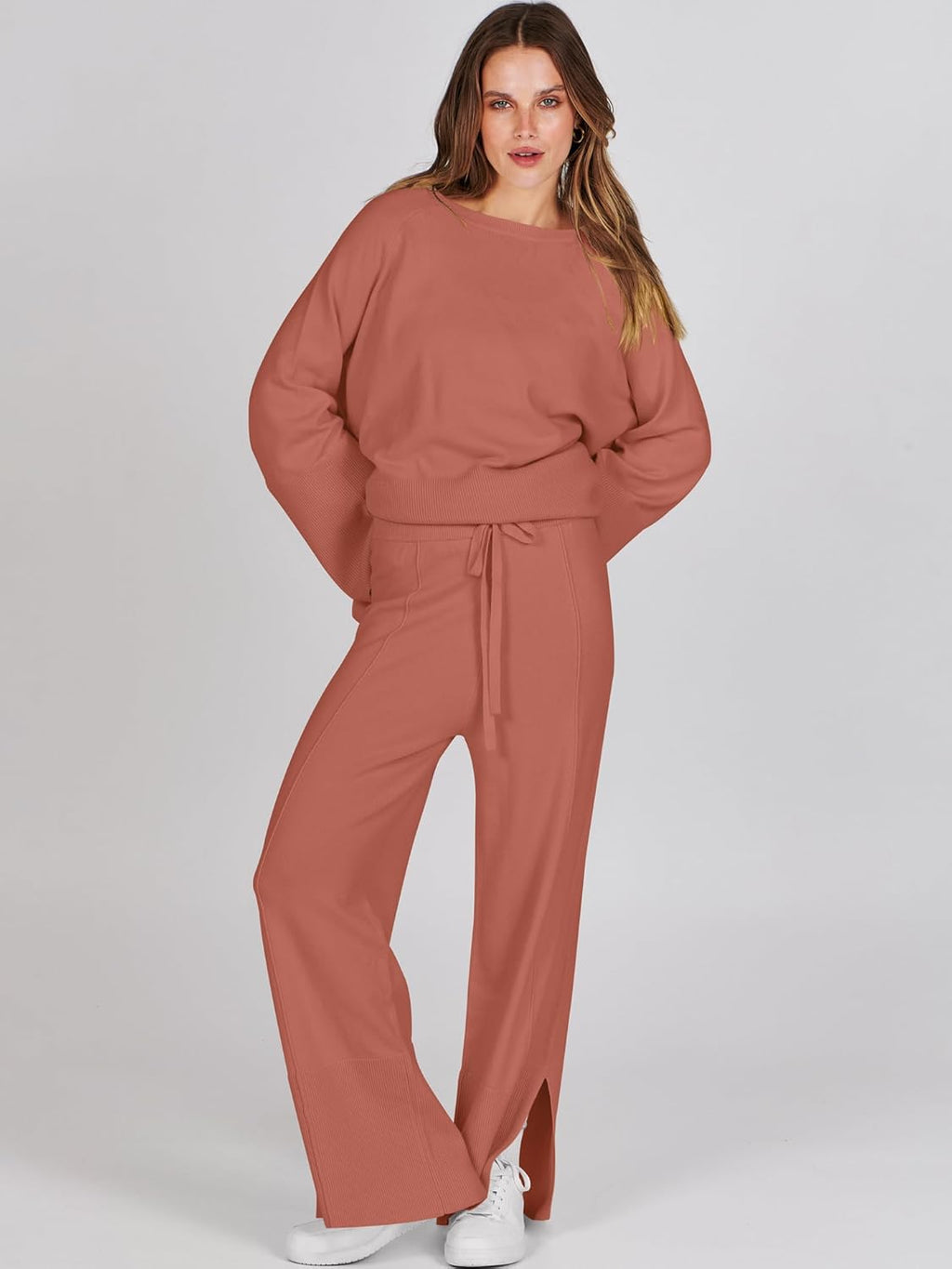 Womens Oversized Knit Sweater Set Wide Leg Pant Cozy Lounge Matching Pajama Sets