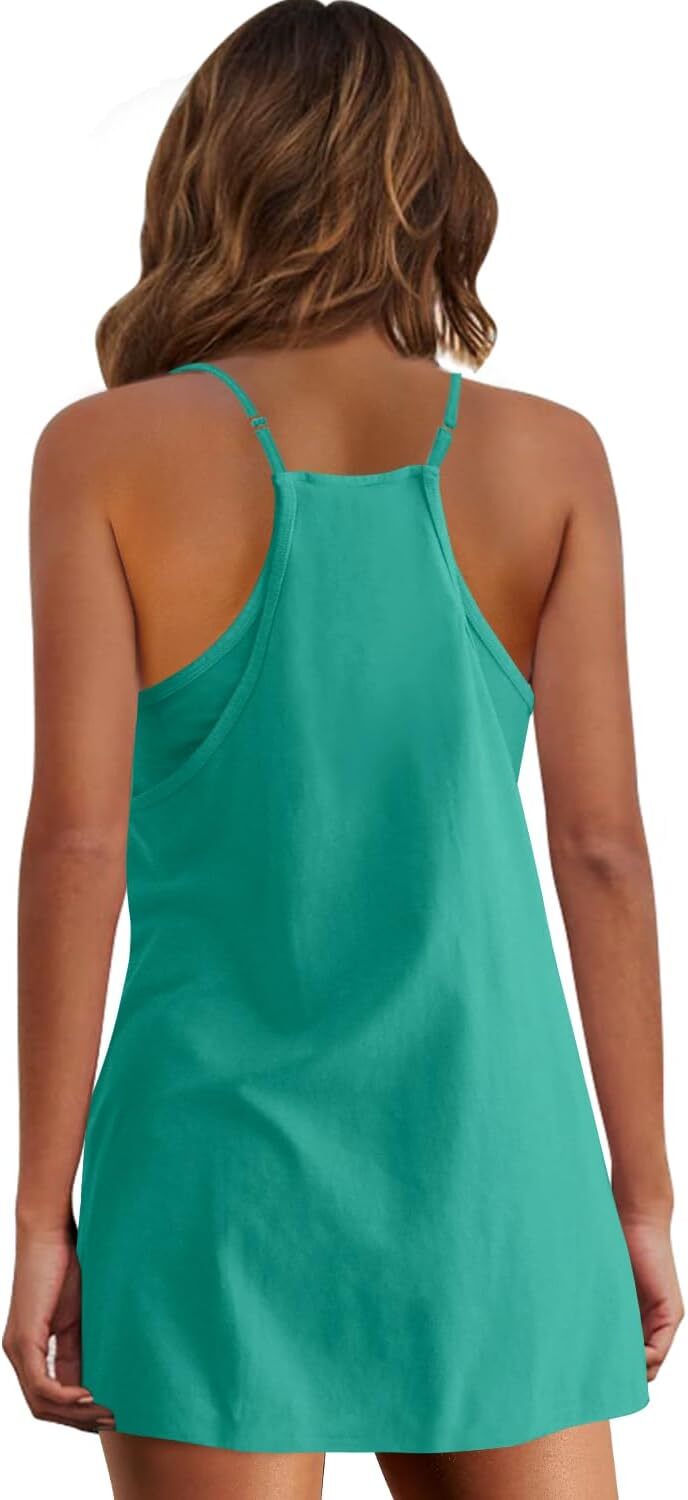 Womens  Sleeveless Mini Dress V Neck Spaghetti Strap Sundress Athletic Short Dress with Pockets-Easy Peezy