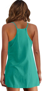 Womens  Sleeveless Mini Dress V Neck Spaghetti Strap Sundress Athletic Short Dress with Pockets-Easy Peezy