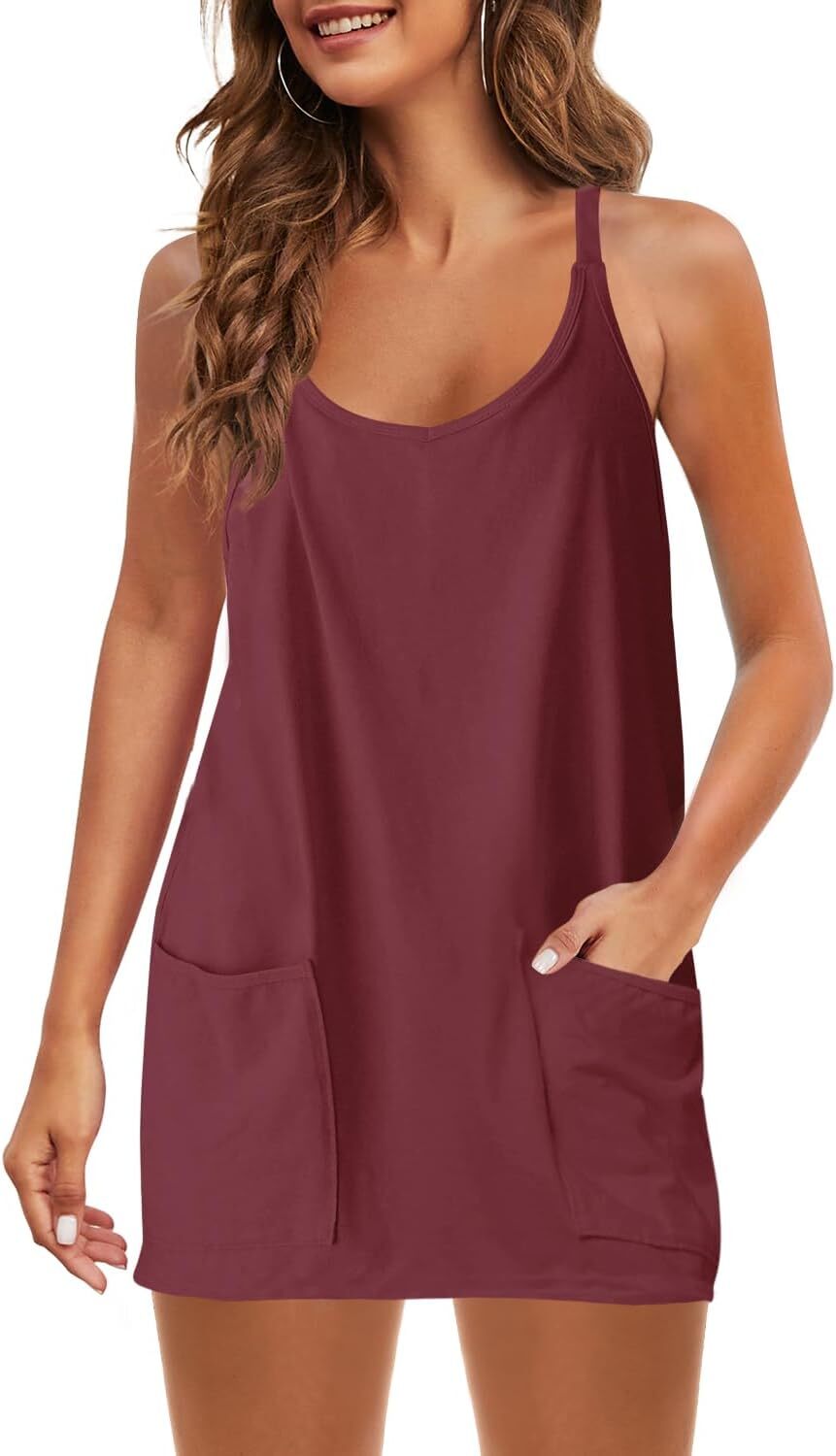 Womens  Sleeveless Mini Dress V Neck Spaghetti Strap Sundress Athletic Short Dress with Pockets-Easy Peezy
