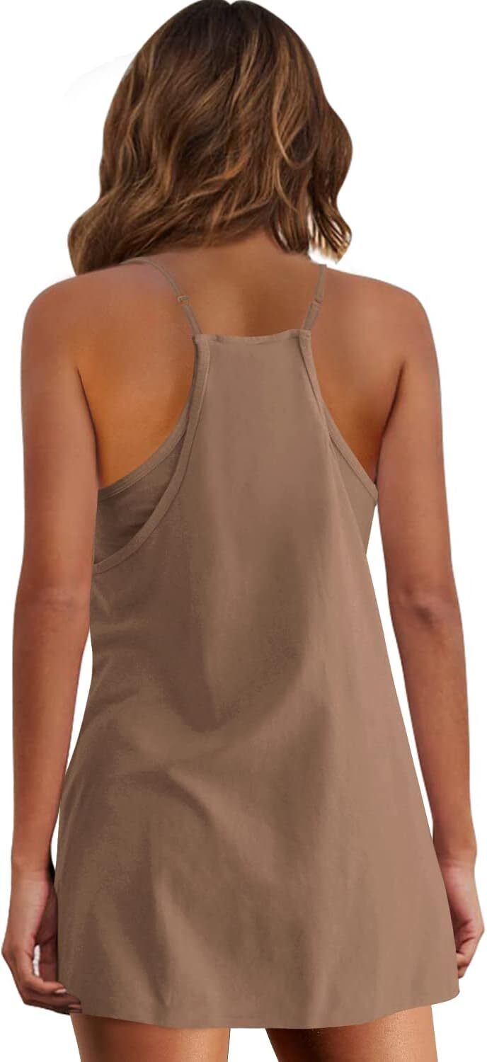 Womens  Sleeveless Mini Dress V Neck Spaghetti Strap Sundress Athletic Short Dress with Pockets-Easy Peezy