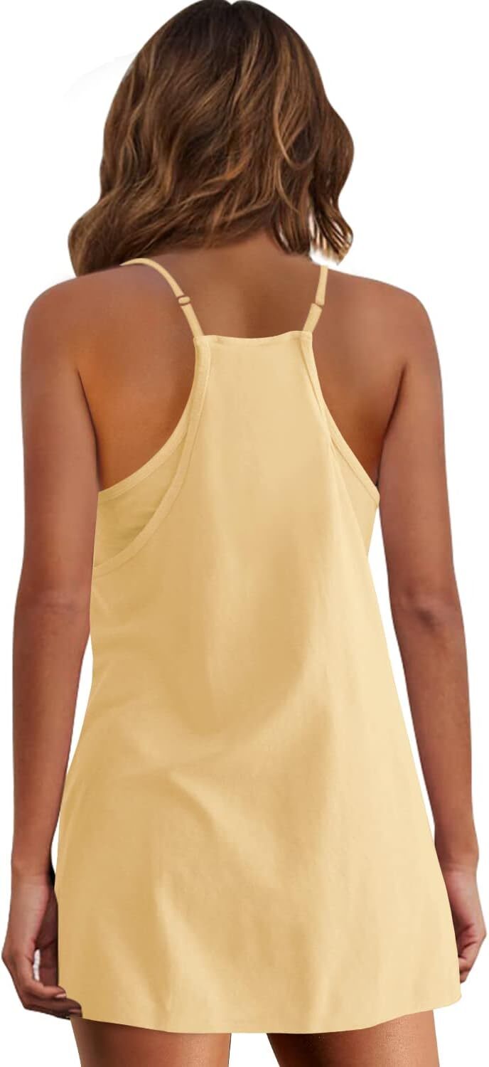 Womens  Sleeveless Mini Dress V Neck Spaghetti Strap Sundress Athletic Short Dress with Pockets-Easy Peezy