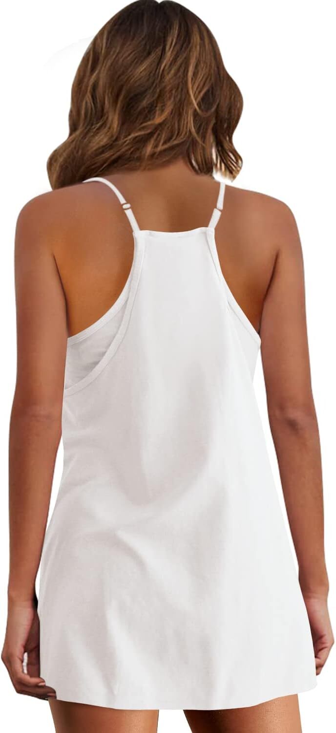 Womens  Sleeveless Mini Dress V Neck Spaghetti Strap Sundress Athletic Short Dress with Pockets-Easy Peezy