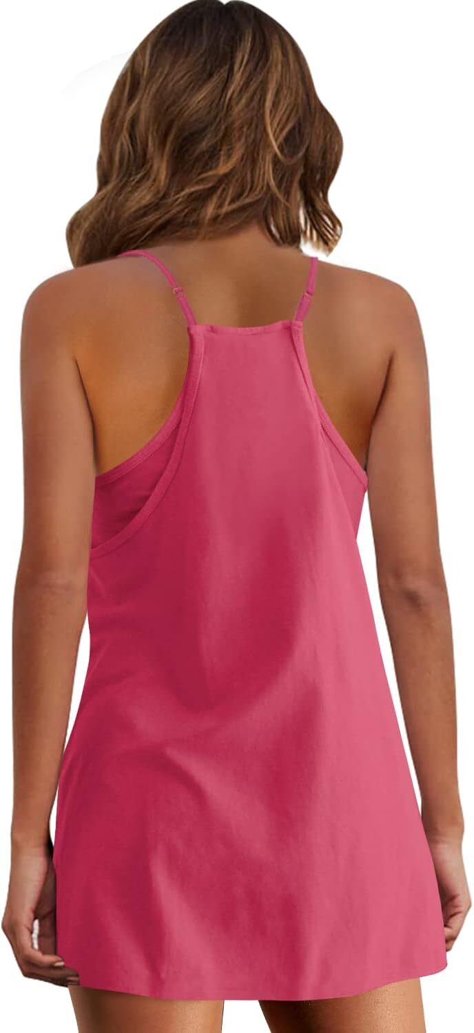 Womens  Sleeveless Mini Dress V Neck Spaghetti Strap Sundress Athletic Short Dress with Pockets-Easy Peezy