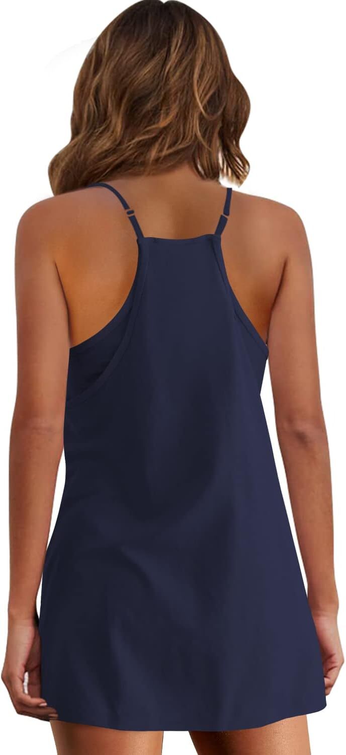 Womens  Sleeveless Mini Dress V Neck Spaghetti Strap Sundress Athletic Short Dress with Pockets-Easy Peezy