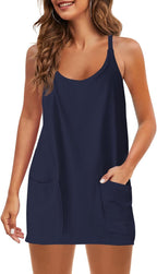 Womens  Sleeveless Mini Dress V Neck Spaghetti Strap Sundress Athletic Short Dress with Pockets-Easy Peezy