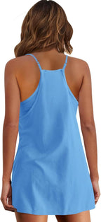Womens  Sleeveless Mini Dress V Neck Spaghetti Strap Sundress Athletic Short Dress with Pockets-Easy Peezy
