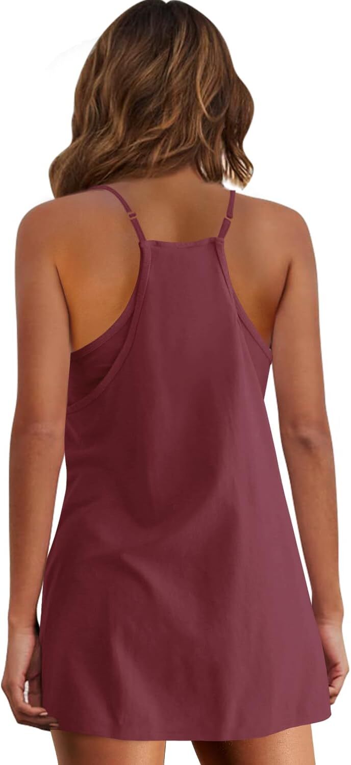 Womens  Sleeveless Mini Dress V Neck Spaghetti Strap Sundress Athletic Short Dress with Pockets-Easy Peezy
