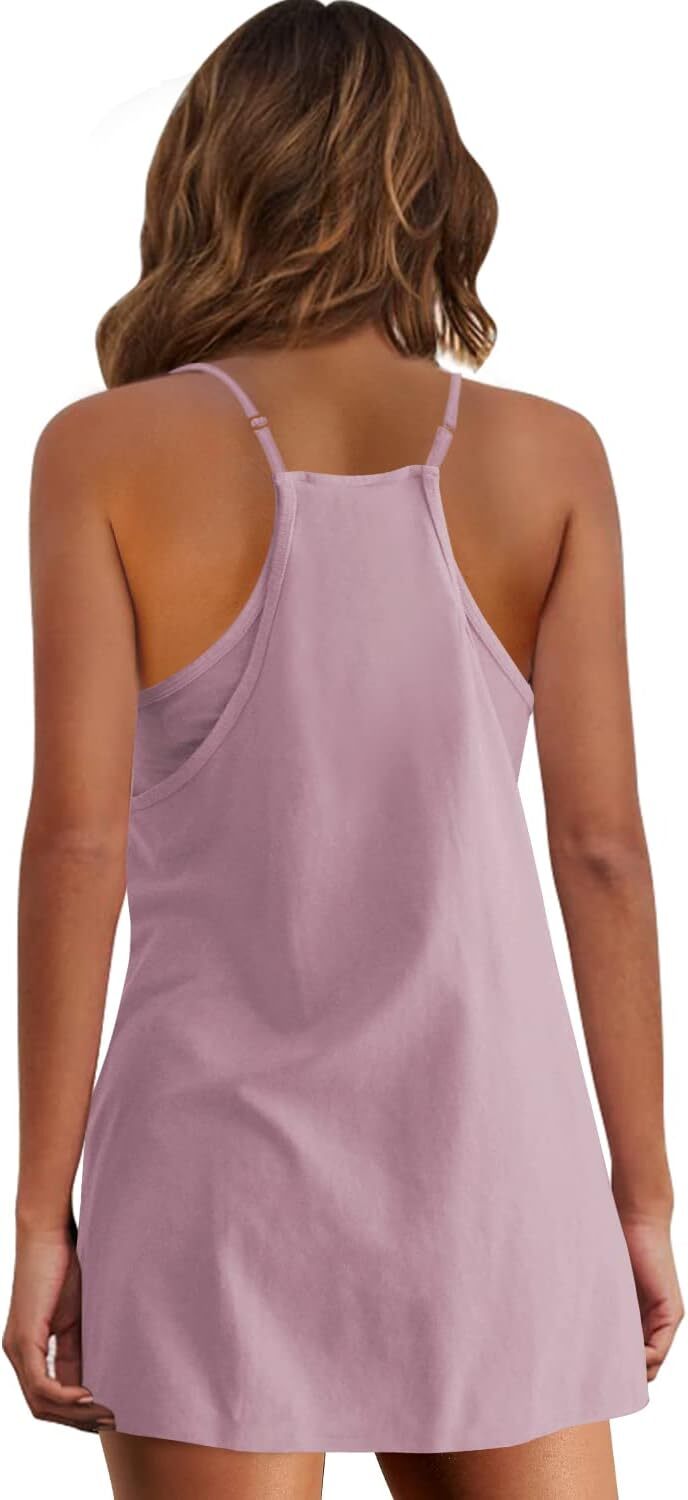 Womens  Sleeveless Mini Dress V Neck Spaghetti Strap Sundress Athletic Short Dress with Pockets-Easy Peezy
