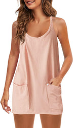 Womens  Sleeveless Mini Dress V Neck Spaghetti Strap Sundress Athletic Short Dress with Pockets-Easy Peezy