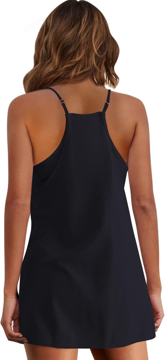 Womens  Sleeveless Mini Dress V Neck Spaghetti Strap Sundress Athletic Short Dress with Pockets-Easy Peezy