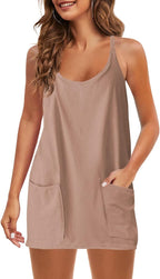 Womens  Sleeveless Mini Dress V Neck Spaghetti Strap Sundress Athletic Short Dress with Pockets-Easy Peezy
