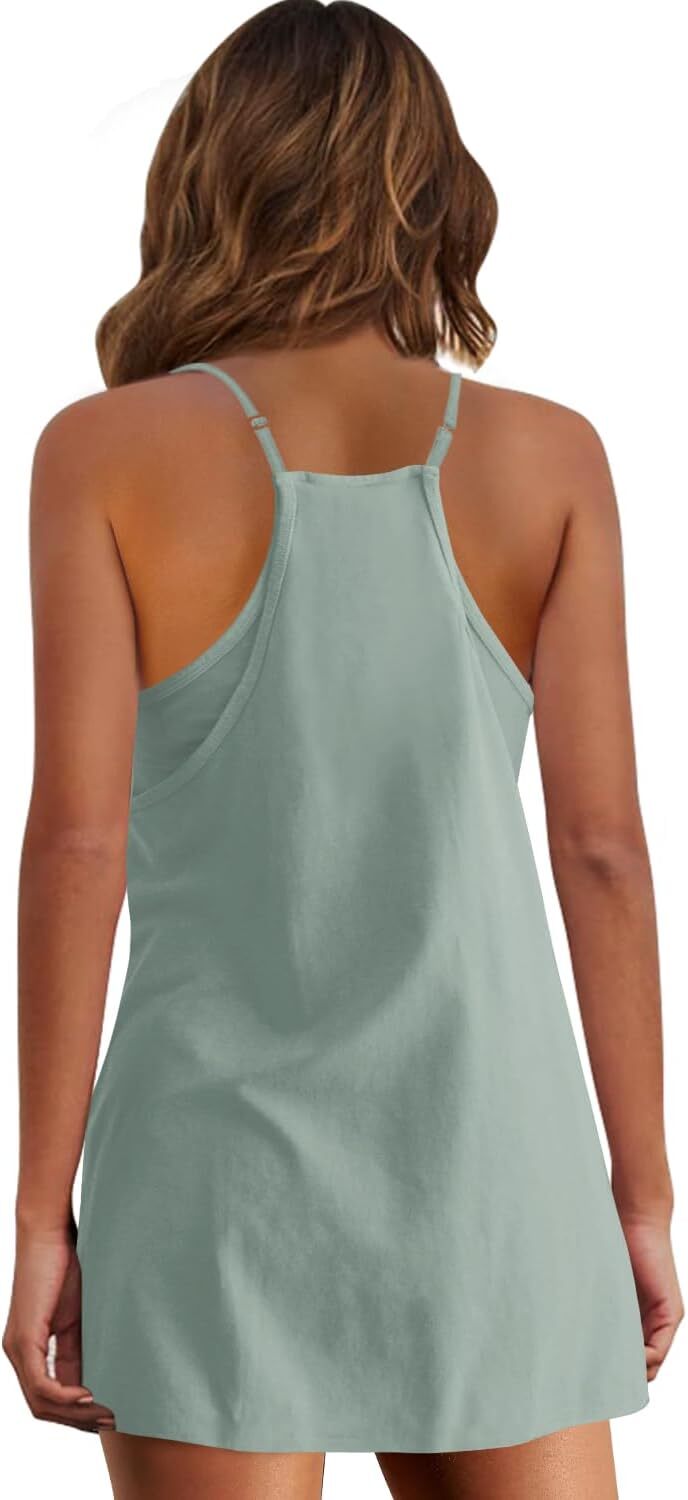 Womens  Sleeveless Mini Dress V Neck Spaghetti Strap Sundress Athletic Short Dress with Pockets-Easy Peezy