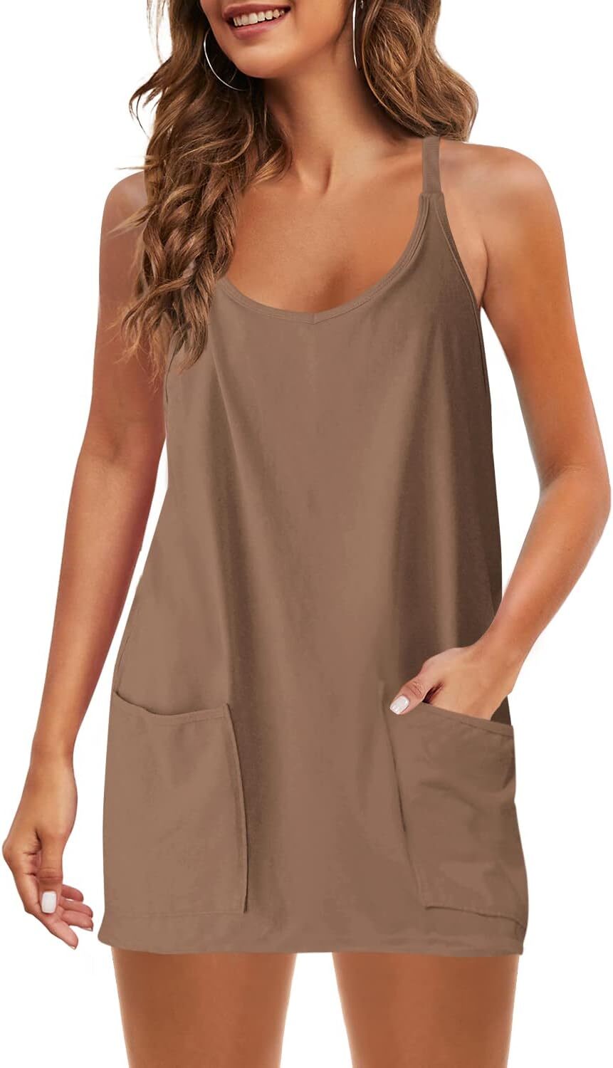Womens  Sleeveless Mini Dress V Neck Spaghetti Strap Sundress Athletic Short Dress with Pockets-Easy Peezy