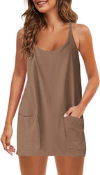 Womens  Sleeveless Mini Dress V Neck Spaghetti Strap Sundress Athletic Short Dress with Pockets-Easy Peezy