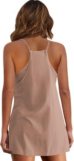 Womens  Sleeveless Mini Dress V Neck Spaghetti Strap Sundress Athletic Short Dress with Pockets-Easy Peezy