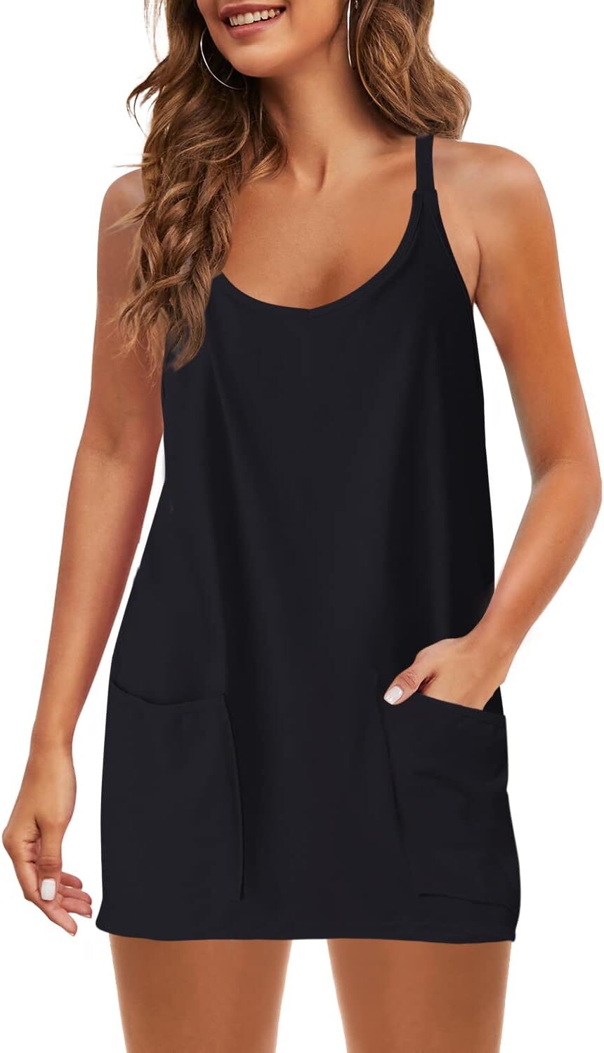 Womens  Sleeveless Mini Dress V Neck Spaghetti Strap Sundress Athletic Short Dress with Pockets-Easy Peezy