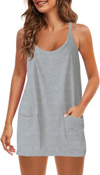 Womens  Sleeveless Mini Dress V Neck Spaghetti Strap Sundress Athletic Short Dress with Pockets-Easy Peezy