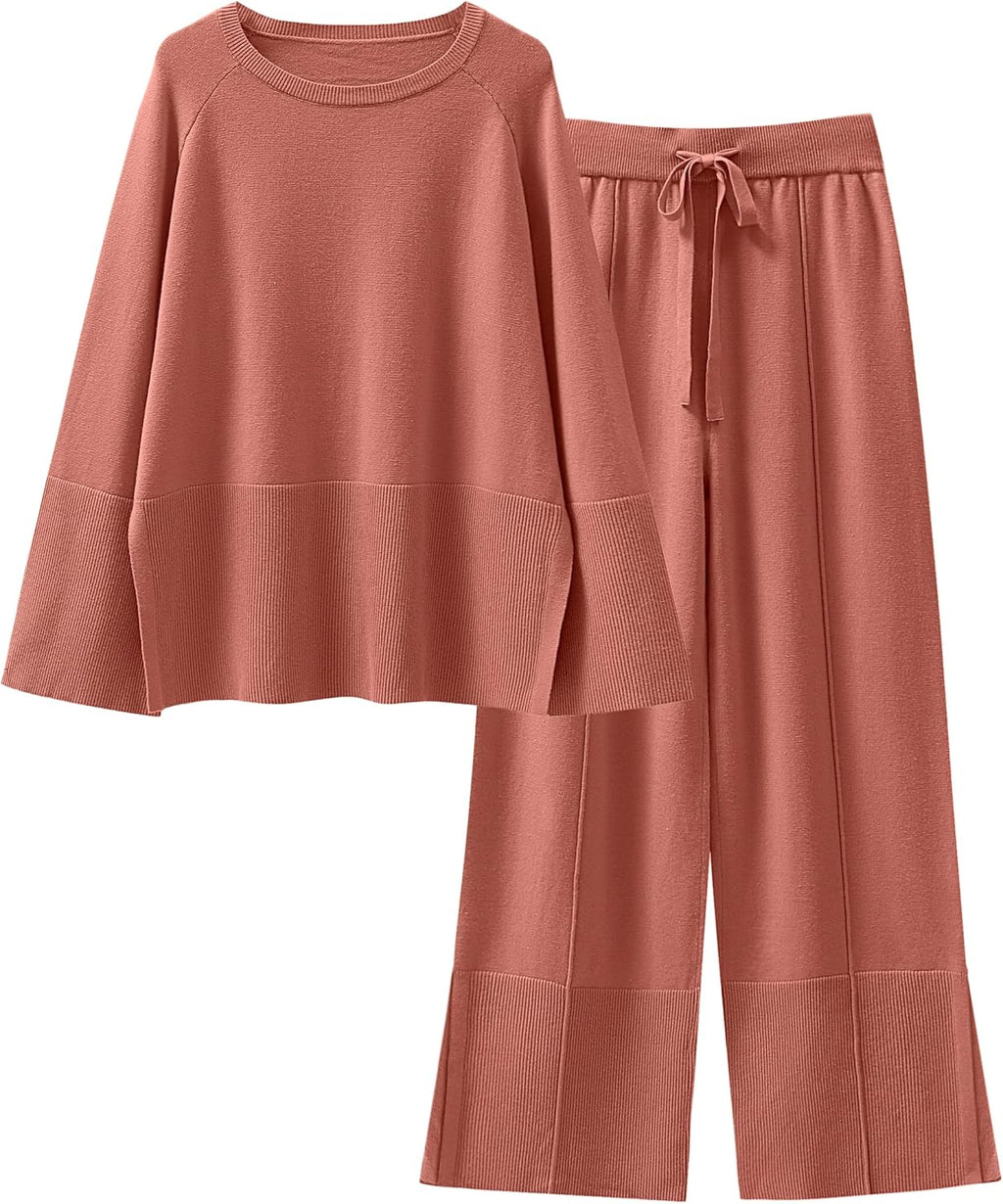 Womens Oversized Knit Sweater Set Wide Leg Pant Cozy Lounge Matching Pajama Sets