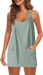 Womens  Sleeveless Mini Dress V Neck Spaghetti Strap Sundress Athletic Short Dress with Pockets-Easy Peezy