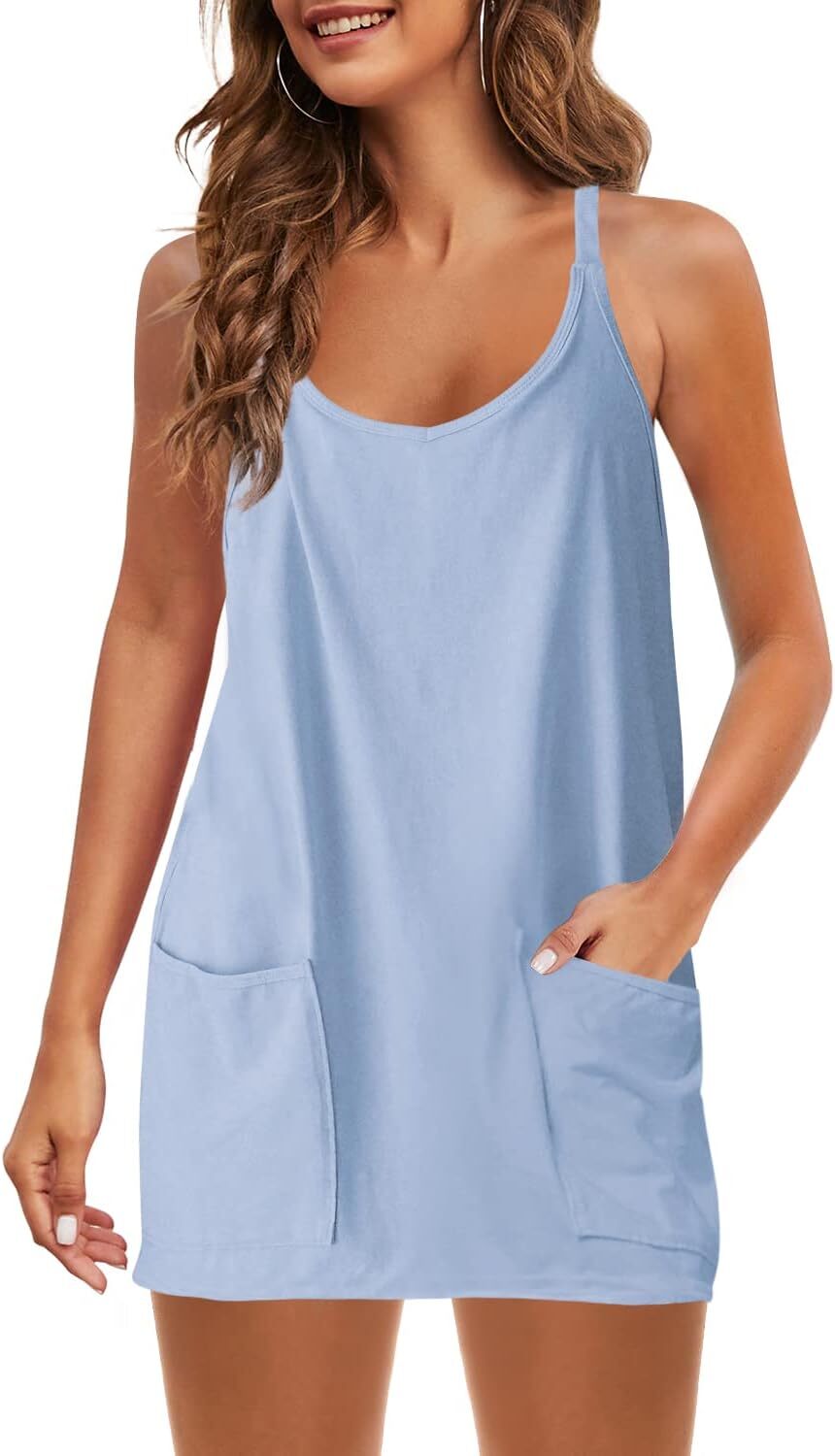 Womens  Sleeveless Mini Dress V Neck Spaghetti Strap Sundress Athletic Short Dress with Pockets-Easy Peezy