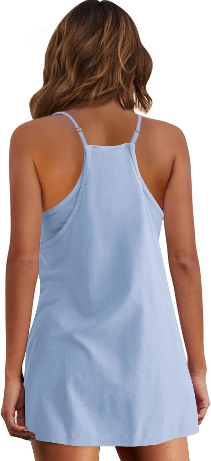 Womens  Sleeveless Mini Dress V Neck Spaghetti Strap Sundress Athletic Short Dress with Pockets-Easy Peezy