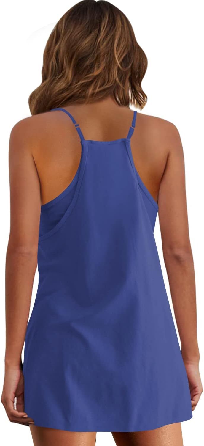 Womens  Sleeveless Mini Dress V Neck Spaghetti Strap Sundress Athletic Short Dress with Pockets-Easy Peezy