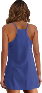 Womens  Sleeveless Mini Dress V Neck Spaghetti Strap Sundress Athletic Short Dress with Pockets-Easy Peezy