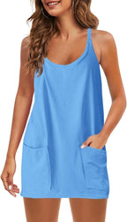 Womens  Sleeveless Mini Dress V Neck Spaghetti Strap Sundress Athletic Short Dress with Pockets-Easy Peezy