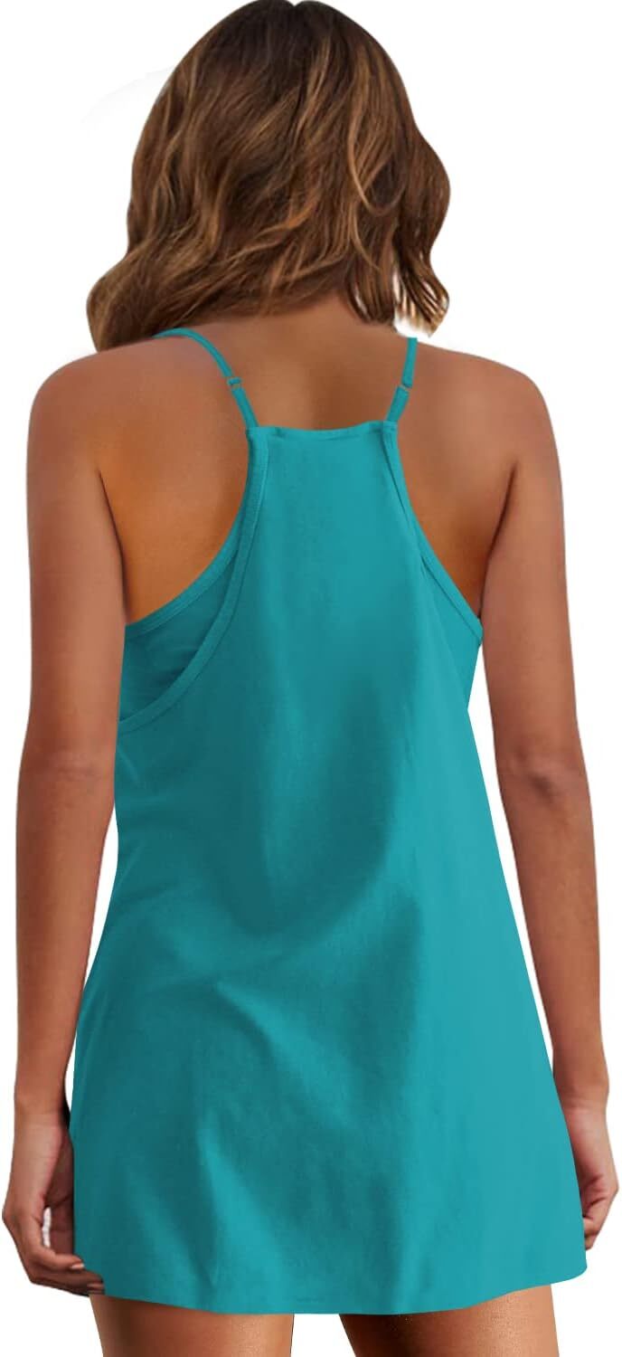 Womens  Sleeveless Mini Dress V Neck Spaghetti Strap Sundress Athletic Short Dress with Pockets-Easy Peezy