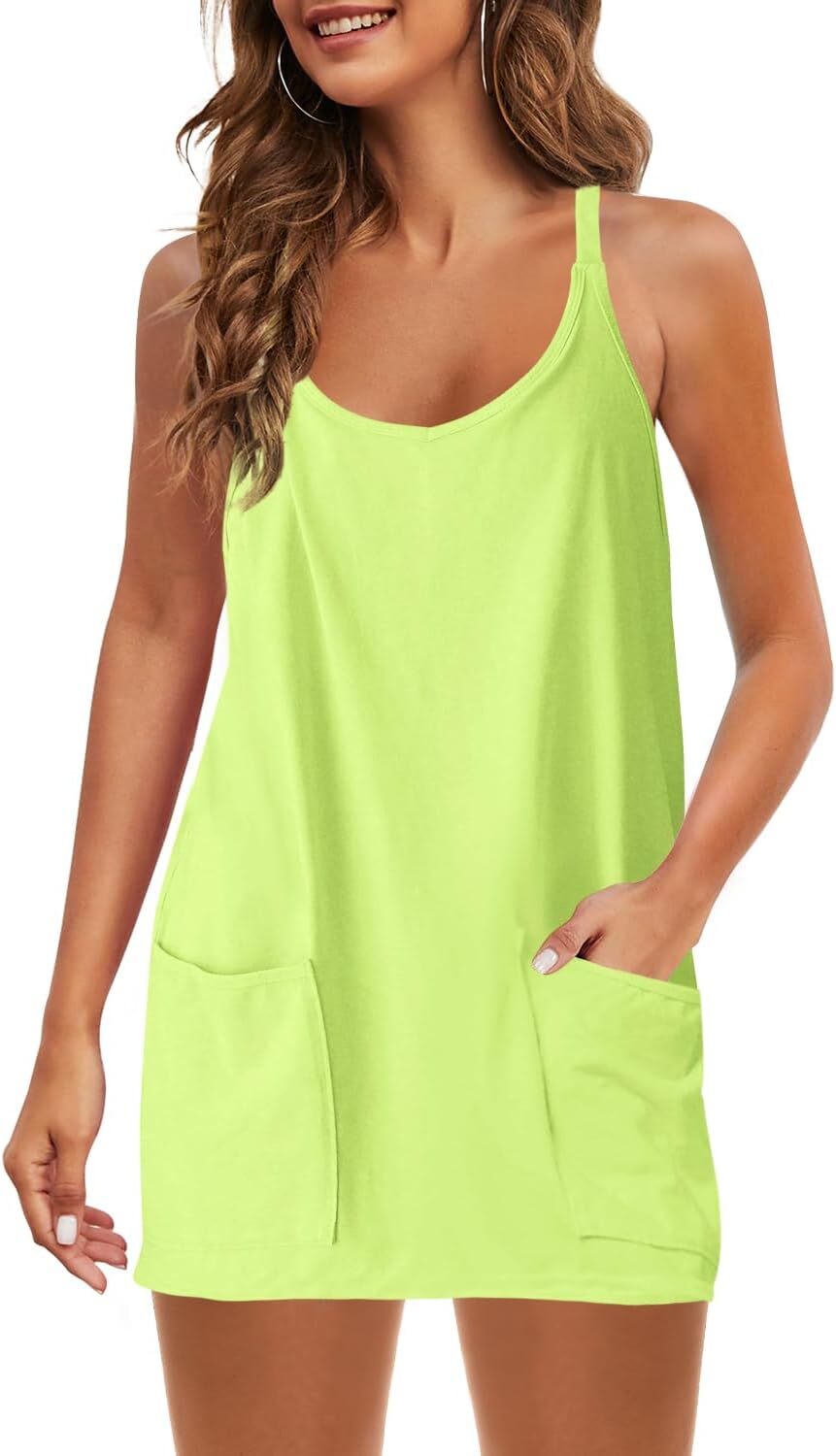 Womens  Sleeveless Mini Dress V Neck Spaghetti Strap Sundress Athletic Short Dress with Pockets-Easy Peezy