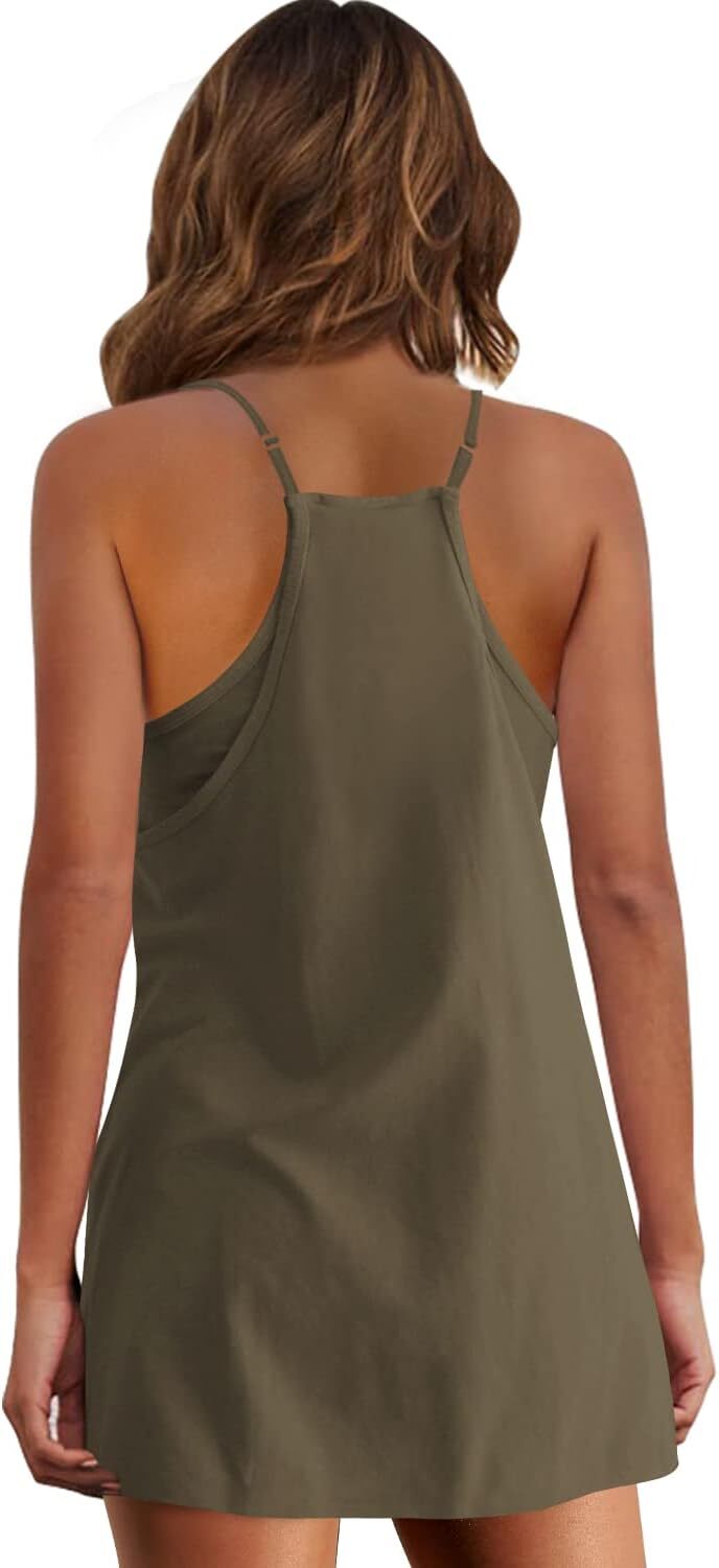 Womens  Sleeveless Mini Dress V Neck Spaghetti Strap Sundress Athletic Short Dress with Pockets-Easy Peezy