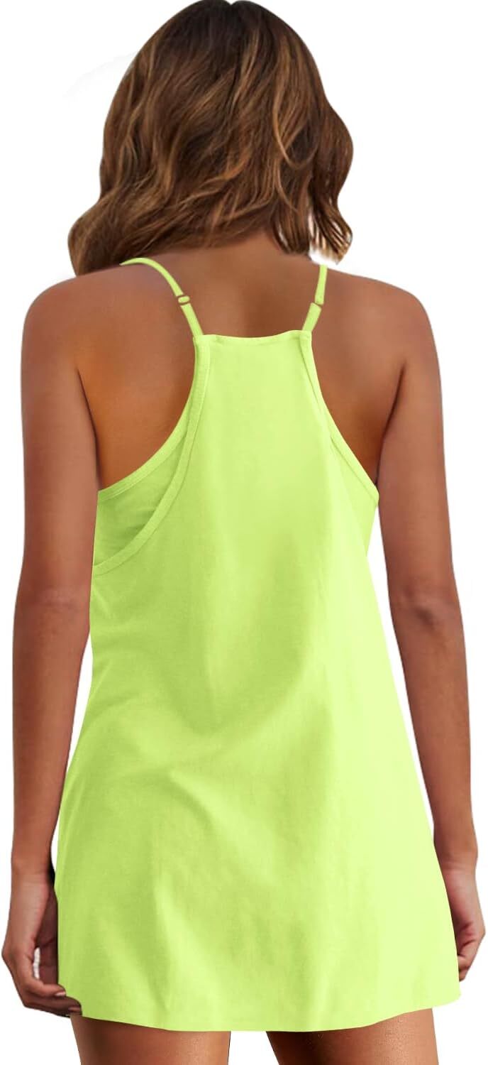 Womens  Sleeveless Mini Dress V Neck Spaghetti Strap Sundress Athletic Short Dress with Pockets-Easy Peezy