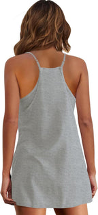 Womens  Sleeveless Mini Dress V Neck Spaghetti Strap Sundress Athletic Short Dress with Pockets-Easy Peezy