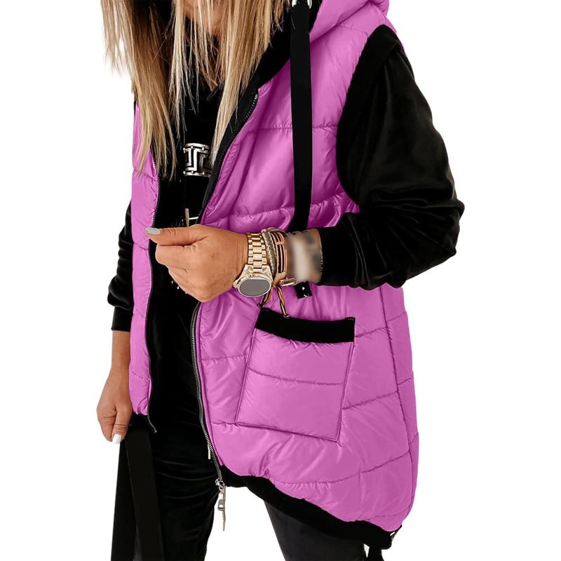Women's Hooded Puffer Long Vest Lightweight Zipper Up Padded Gilet With Pocket Main image