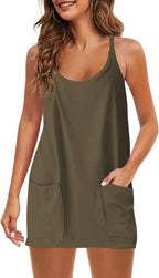 Womens  Sleeveless Mini Dress V Neck Spaghetti Strap Sundress Athletic Short Dress with Pockets-Easy Peezy