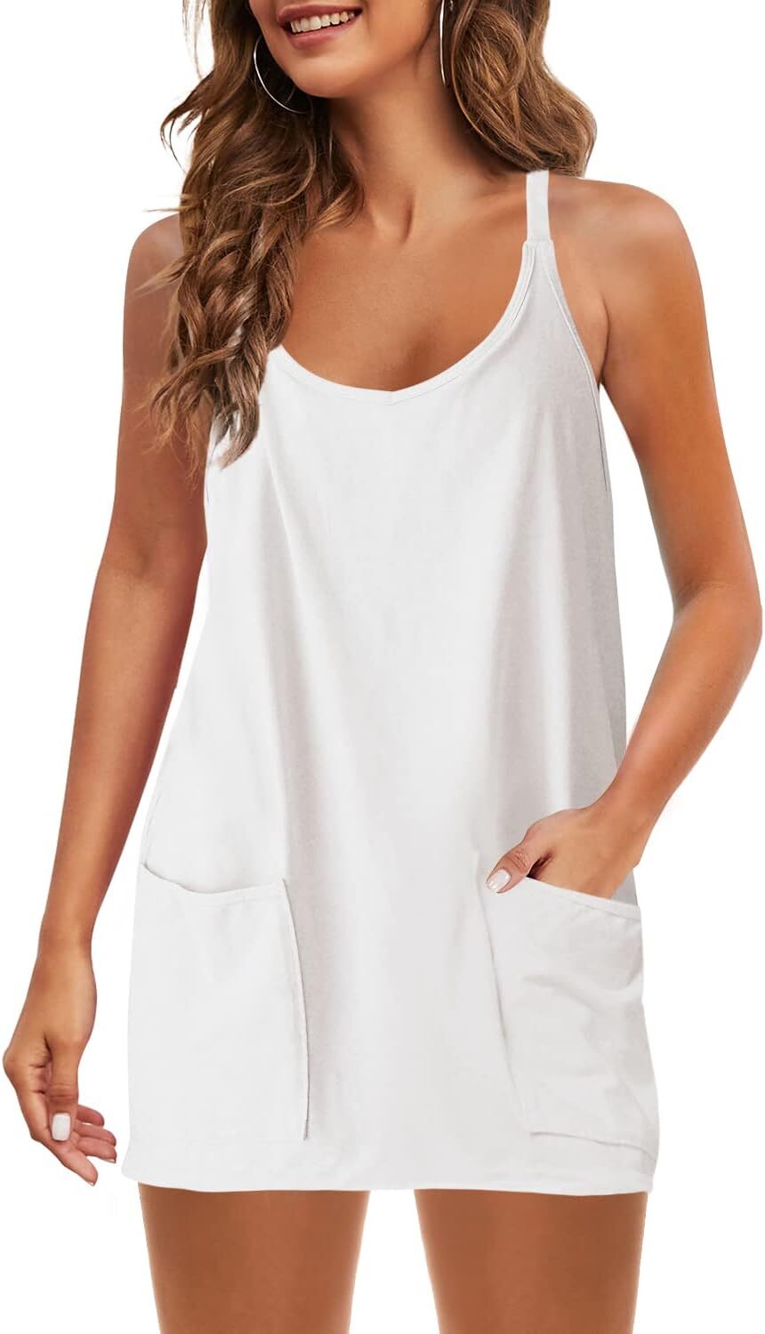 Womens  Sleeveless Mini Dress V Neck Spaghetti Strap Sundress Athletic Short Dress with Pockets-Easy Peezy
