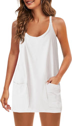 Womens  Sleeveless Mini Dress V Neck Spaghetti Strap Sundress Athletic Short Dress with Pockets-Easy Peezy